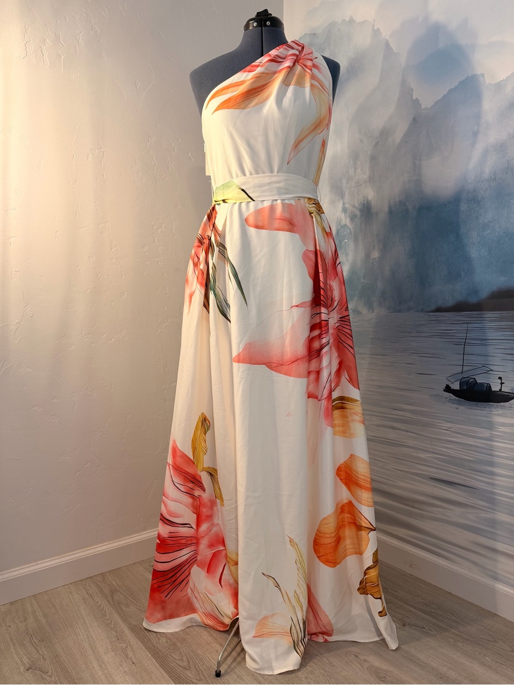 One-Shoulder White Floral Maxi Dress with Coral and Yellow Accents 230